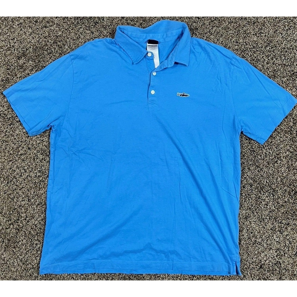 Patagonia Polo Shirt Men's Sz XL Blue 100% Organic Cotton Short Sleeve Fish